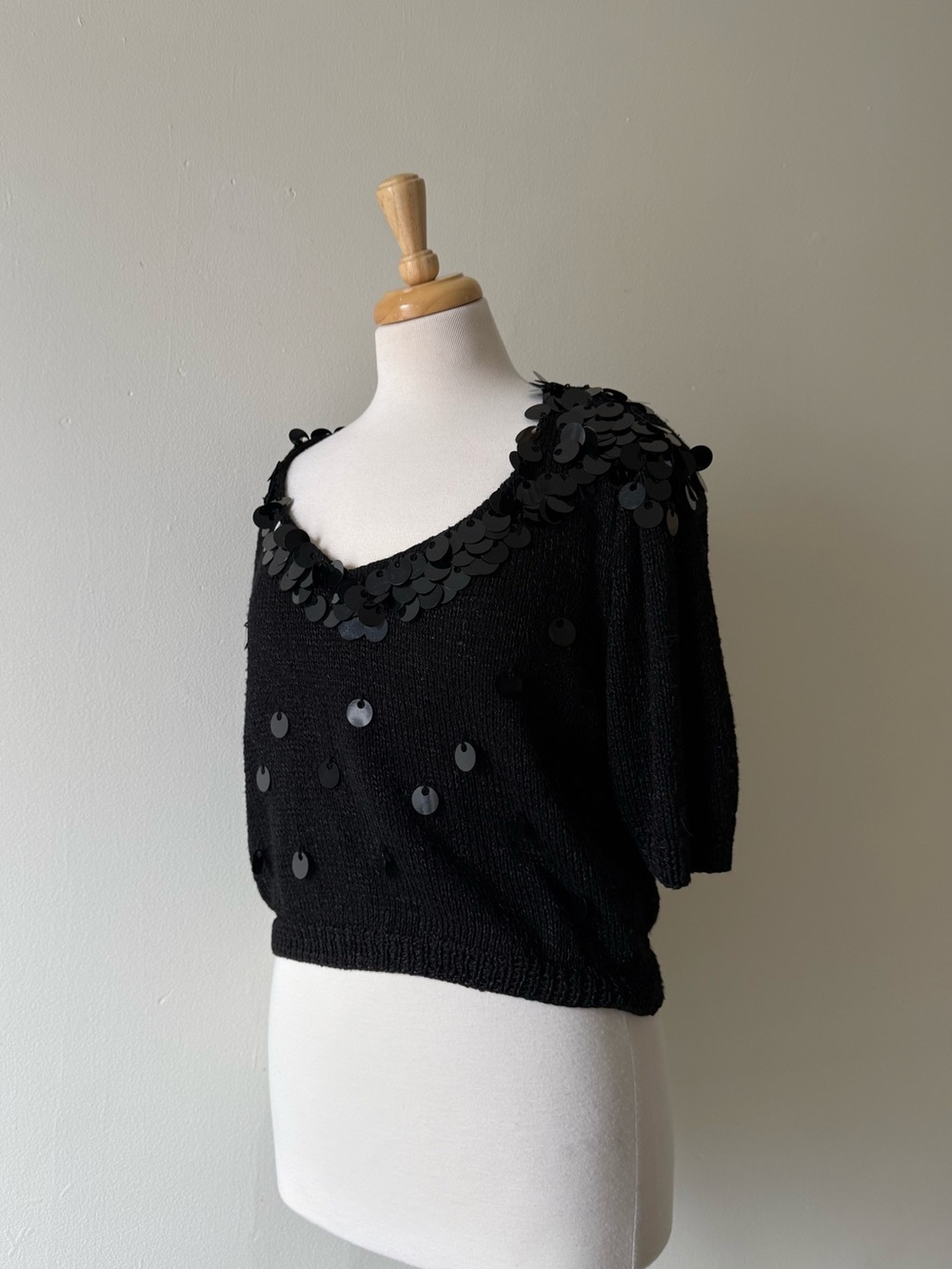 Vintage 80s 90s Black Sequin Knit Crop Top